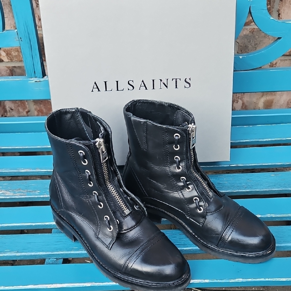 All Saints- Women's Black Combat Boots w/Smooth Leather & Zipper Closure Sz 9